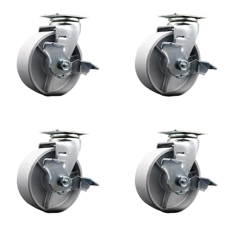 Service Caster 5'' Semi Steel Cast Iron Swivel Caster Set with Bronze Bearings and Brake, 4PK SCC-20S520-SSBZ-TLB-4